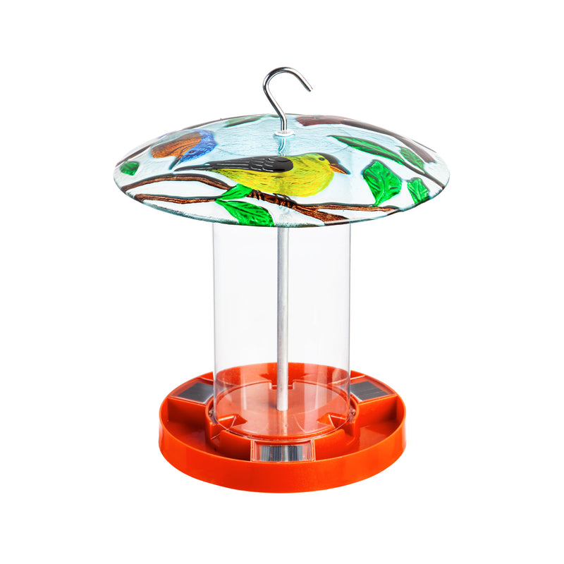 Solar Bird Feeder with Hand Painted and Embossed Glass, Trio of Birds,2sp7217