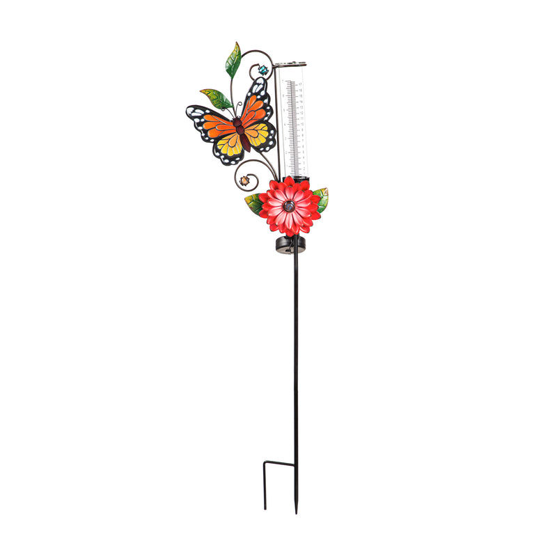 36"H Solar Rain Gauge Garden Stake with Red Flower, Monarch Butterfly, 10"x3.54"x36"inches