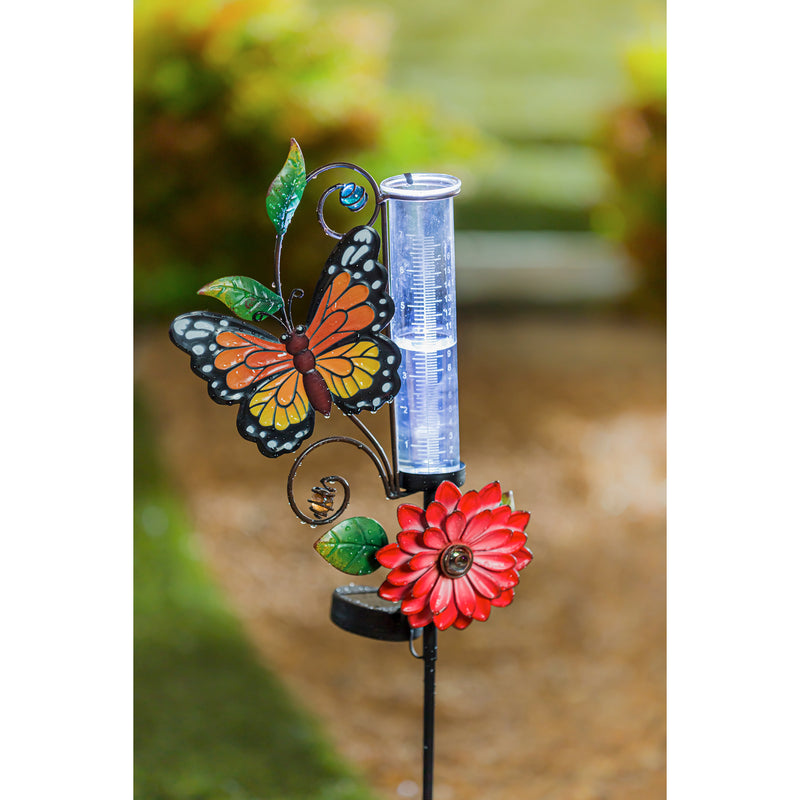 36"H Solar Rain Gauge Garden Stake with Red Flower, Monarch Butterfly, 10"x3.54"x36"inches