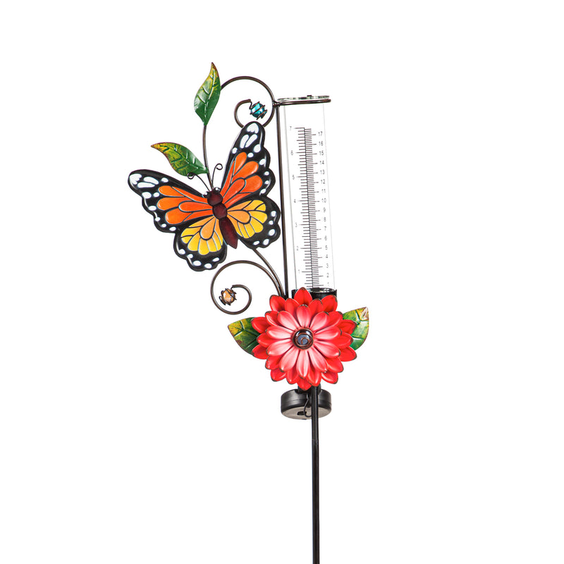 36"H Solar Rain Gauge Garden Stake with Red Flower, Monarch Butterfly, 10"x3.54"x36"inches