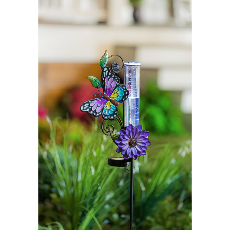 36"H Solar Rain Gauge Garden Stake with Purple Flower, Purple Butterfly, 10"x3.54"x36"inches