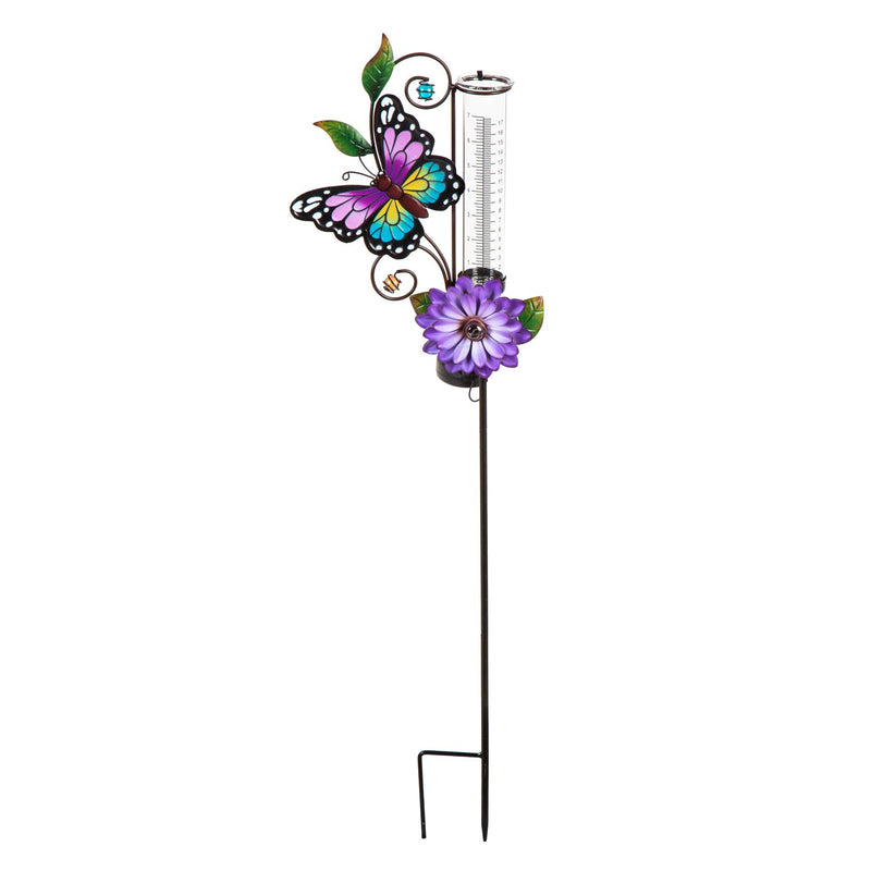 36"H Solar Rain Gauge Garden Stake with Purple Flower, Purple Butterfly, 10"x3.54"x36"inches