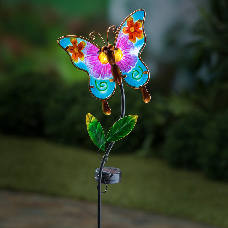 36"H  Hand Painted Glass Butterfly Solar Garden Stake, 8.75"x0.75"x36"inches