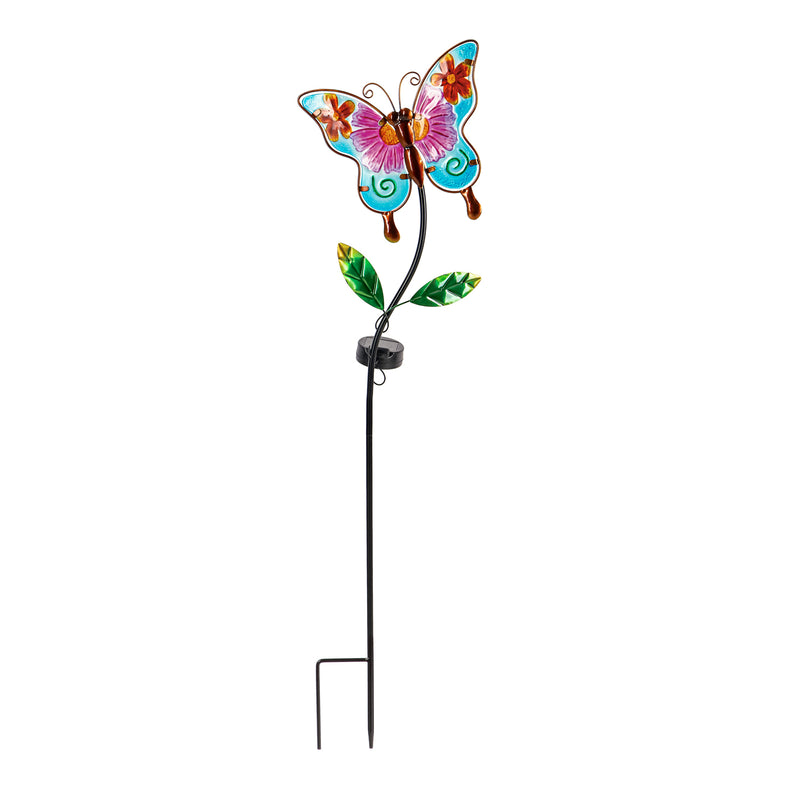 36"H  Hand Painted Glass Butterfly Solar Garden Stake, 8.75"x0.75"x36"inches