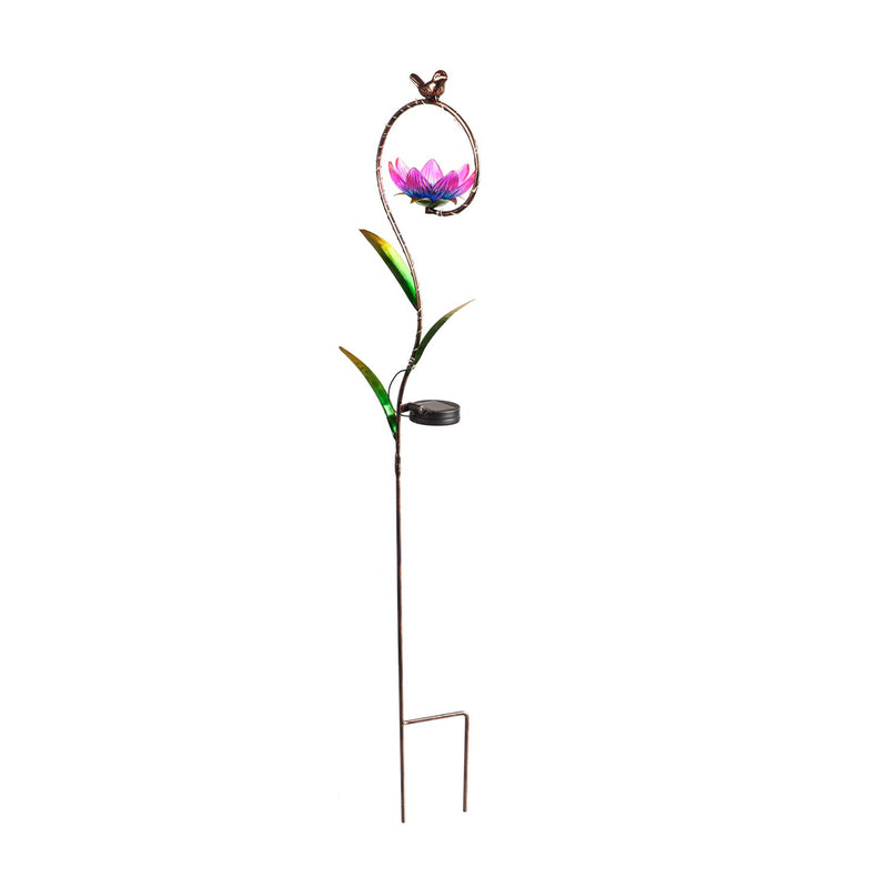 38"H Solar Garden Stake, Flower with Bronze Bird, 11"x4.25"x38"inches