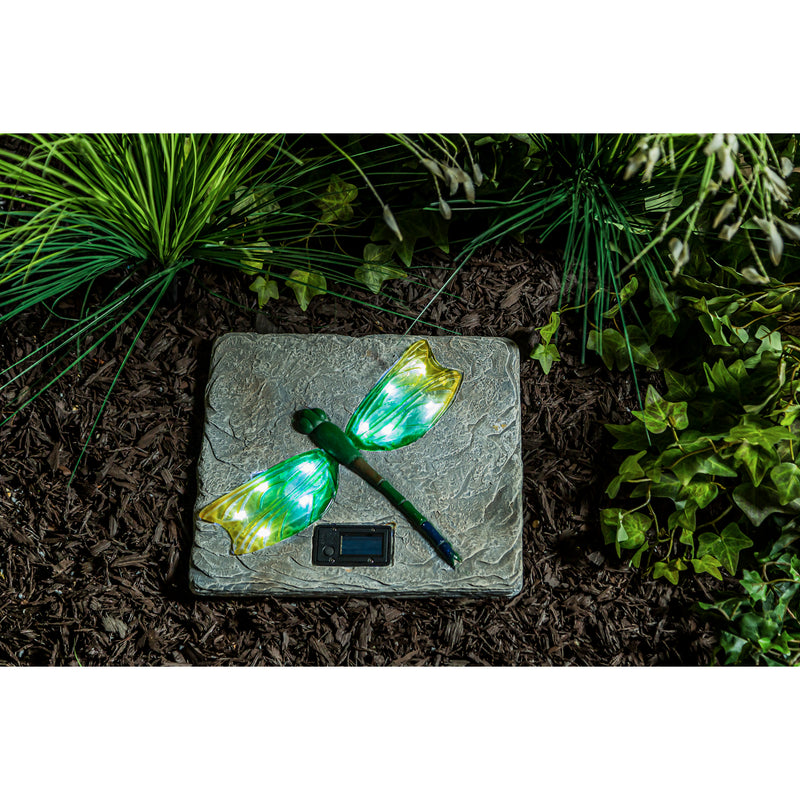 Hand Painted Glass Dragonfly Solar Garden Stone, 12.2"x12.2"x1.18"inches