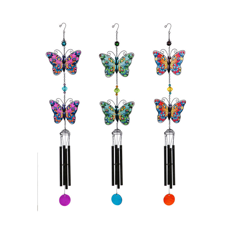 Tiered Butterfly Wind Chime, 3 Asst, Stained Glass Finish,6.69"x2.36"x38.98"inches