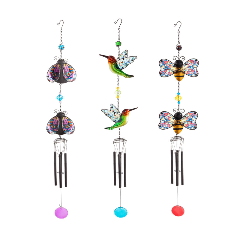 Evergreen Tiered Garden Friends Wind Chime, 3 Asst, Stained Glass Finish, 2.4'' x 6.7'' x 39'' inches.