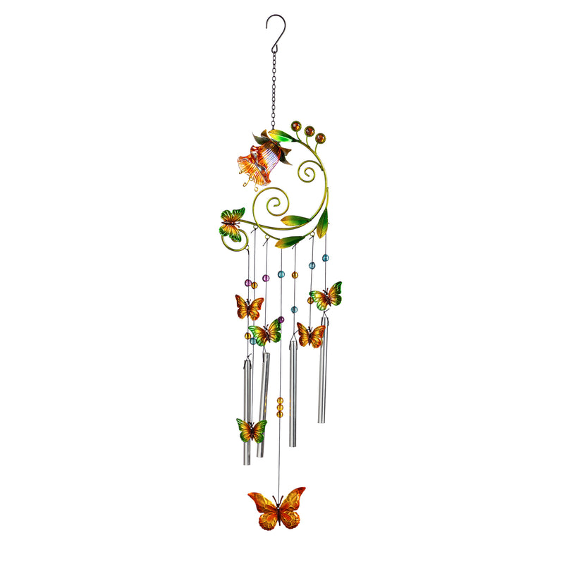 Glass and Metal Flower with Butterflies Windchime,7.5"x3"x33"inches