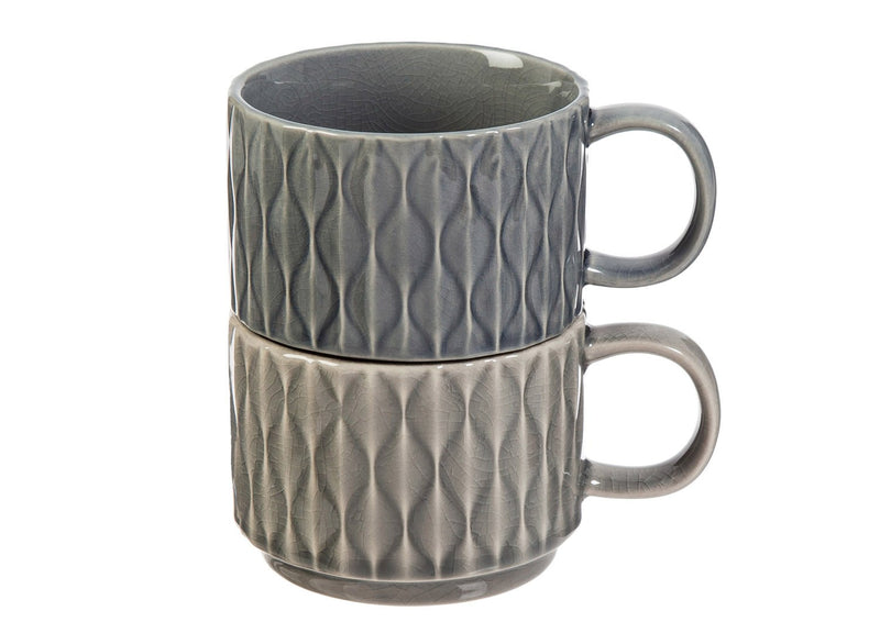 Evergreen Ceramic Debossed Cup, 12 OZ Serenity Collection, Set of 2