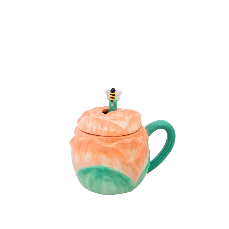 Ceramic Cup, 12 OZ, Rose Shape with Lid and  Spoon,3amh090