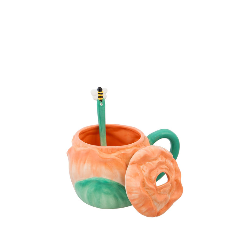 Ceramic Cup, 12 OZ, Rose Shape with Lid and  Spoon,3amh090