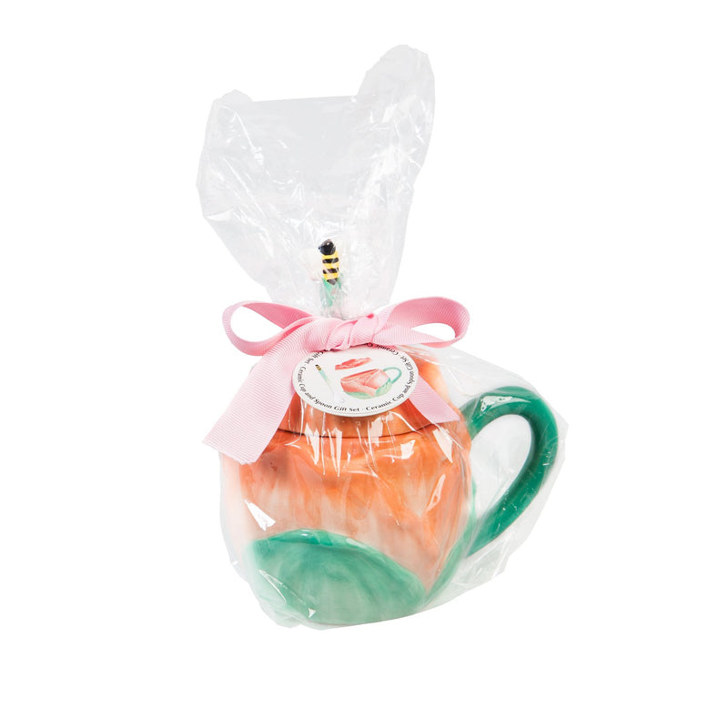 Ceramic Cup, 12 OZ, Rose Shape with Lid and  Spoon,3amh090