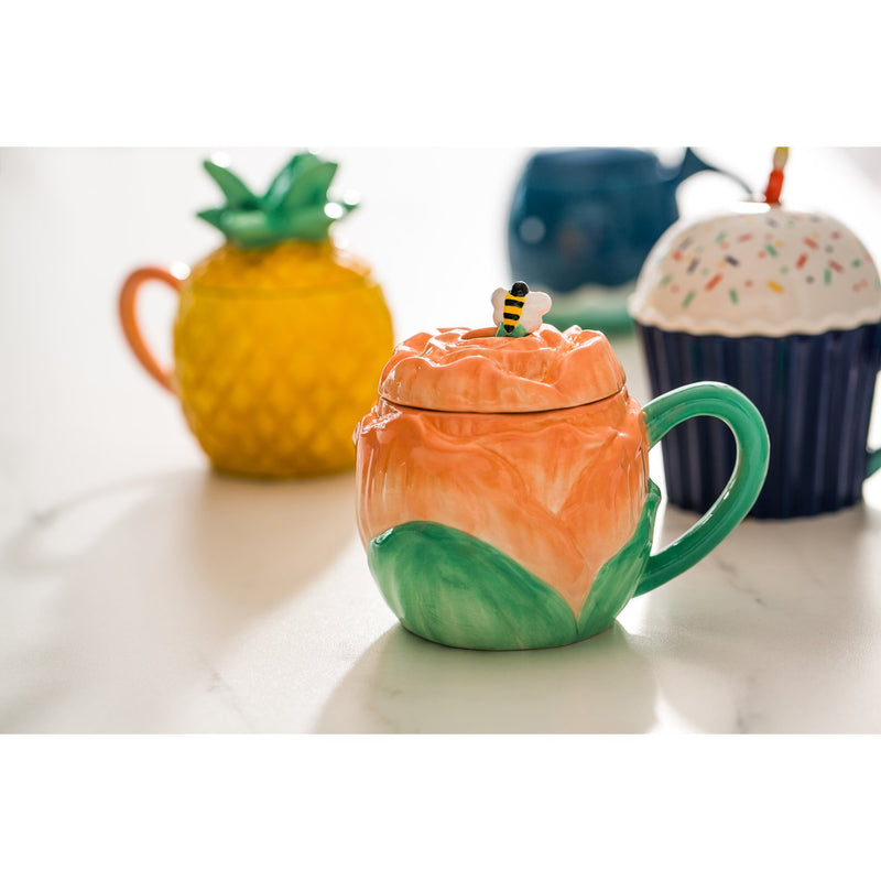 Ceramic Cup, 12 OZ, Rose Shape with Lid and  Spoon,3amh090