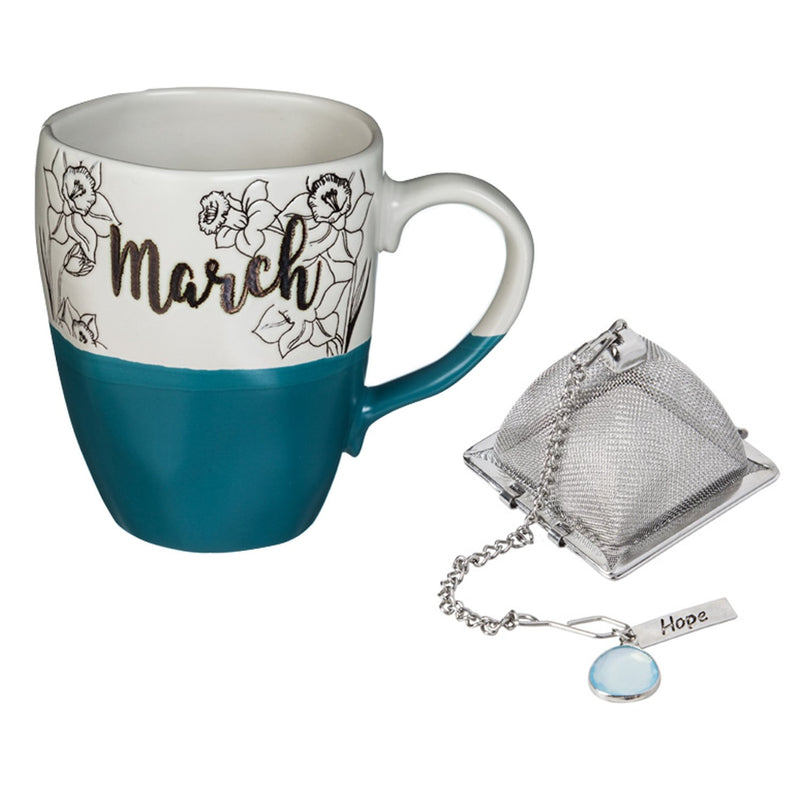 Evergreen Ceramic Birthday Cup w/metallic accent, Tea Charm, and box, 16 OZ., March, 5.5'' x 3.5'' x 4.5'' inches
