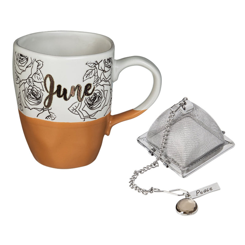 Evergreen Ceramic Birthday Cup w/ metallic accent, Tea Charm, and box, 16 OZ., June, 5.5'' x 3.5'' x 4.5'' inches