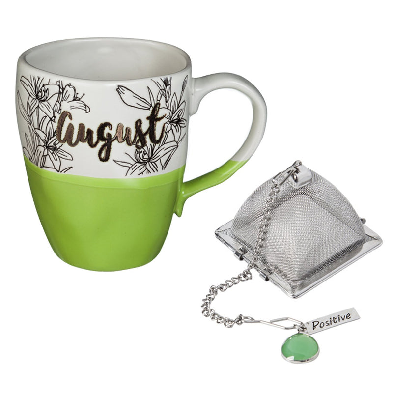 Evergreen Ceramic Birthday Cup w/ metallic accent, Tea Charm, and box, 16 OZ., August, 5.5'' x 3.5'' x 4.5'' inches