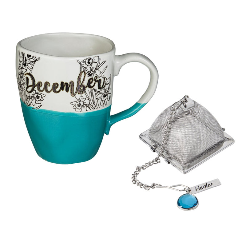 Evergreen Ceramic Birthday Cup w/ metallic accent, Tea Charm, and box, 16 OZ., December, 5.5'' x 3.5'' x 4.5'' inches