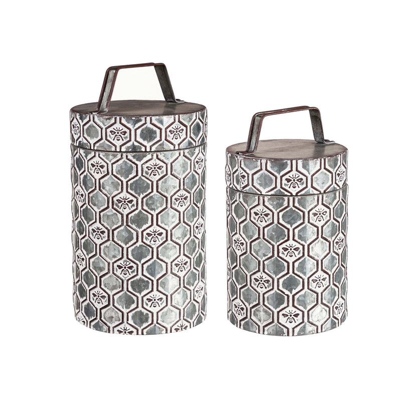 Embossed Metal Storage Containers, Outdoor Safe, Nested Set of 2, 6.7"x6.7"x14.57"inches