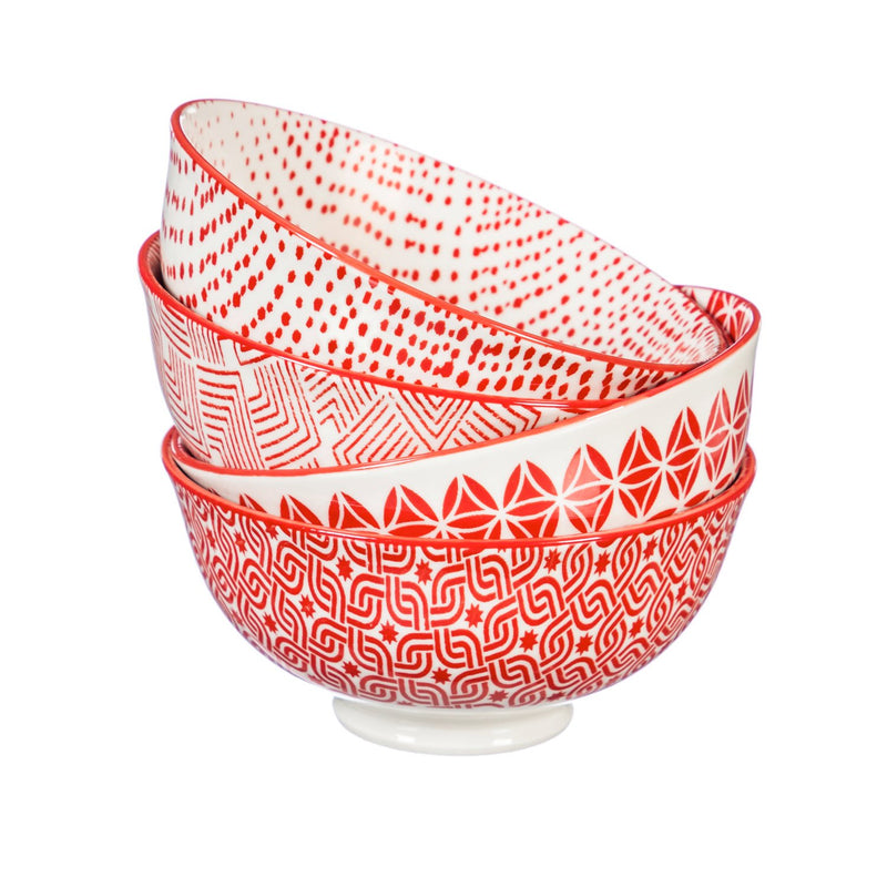 Evergreen Ceramic Bowl, 8 OZ, Red Pattern, Set of 4, 4.63'' x 4.63'' x 2.25'' inches