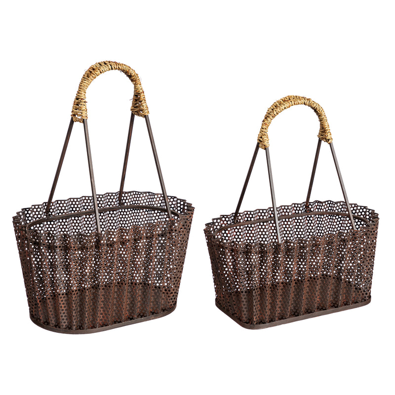 Metal Basket with Rattan Handle, Set of 2, 16'' x 10.3'' x 21.3'' inches