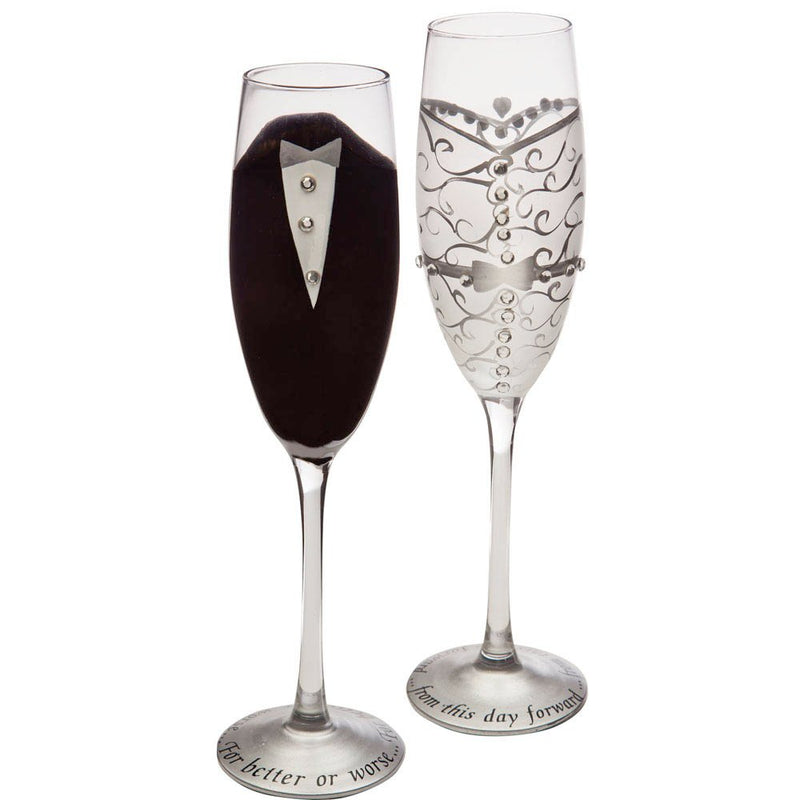 Wedding Day Décor Bride and Groom 7 OZ Champagne Flute Set - 8 x 11 x 4 Inches