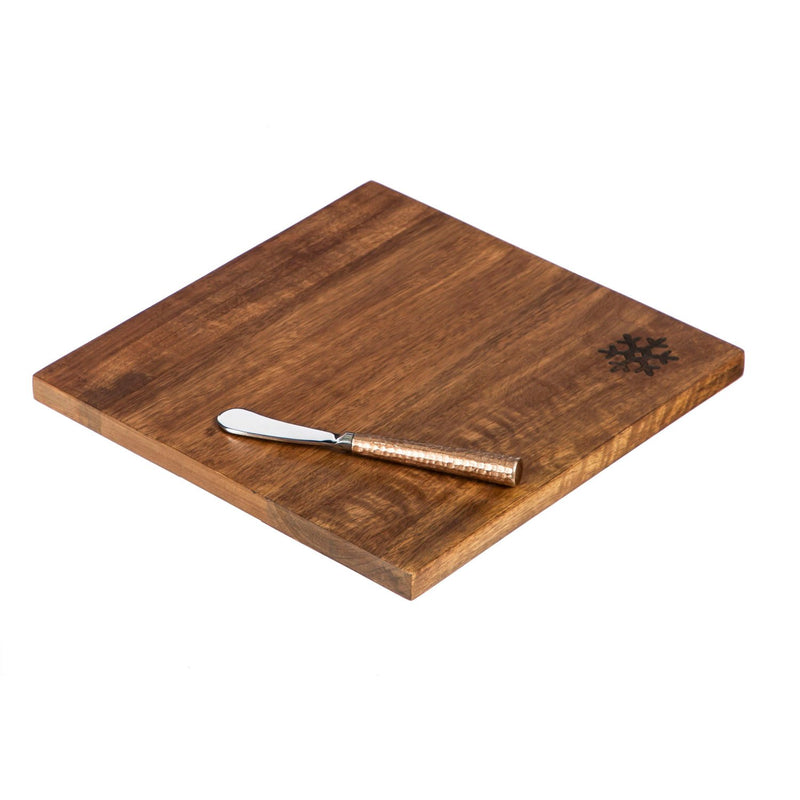 Cypress Mango Wood Laser Etched Mini Cutting Board with Spreader, 2 Asst: Snowflake/Snowman, 10'' x 10'' x 0.6'' inches
