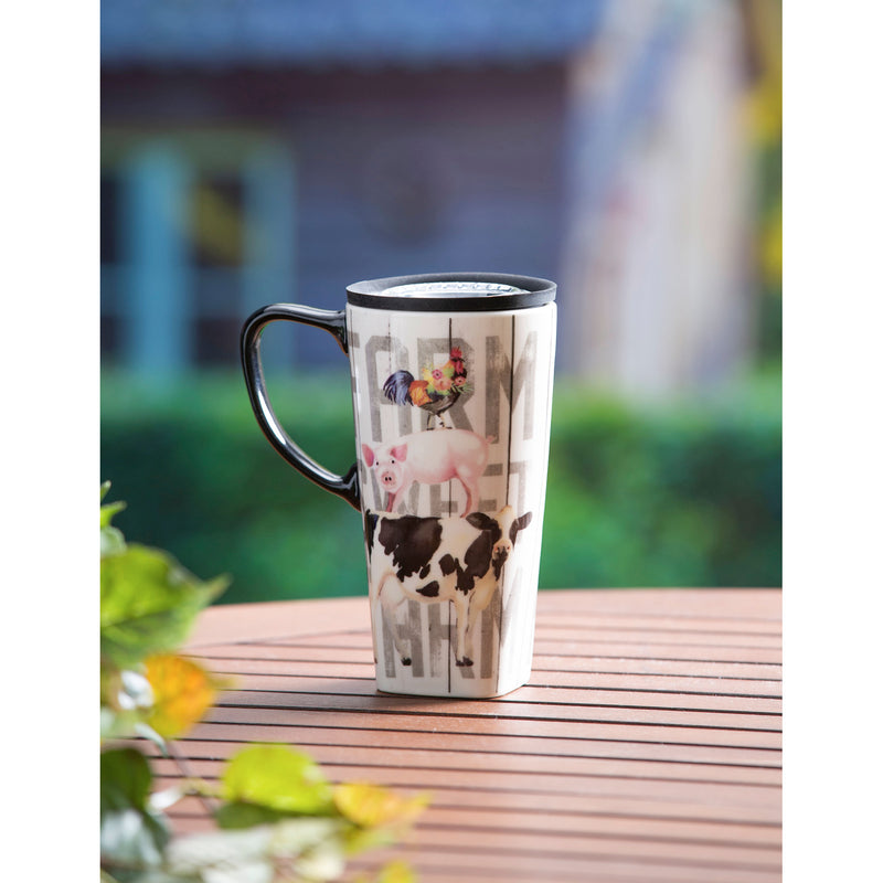 Ceramic FLOMO 360 Travel Cup, 17 oz., Farm Animal Stack, 5.25"x3.5"x6.75"inches