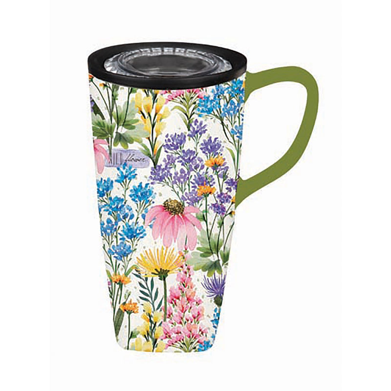 Evergreen Ceramic FLOMO 360 Travel Cup, 17 oz, Wildflower Sanctuary