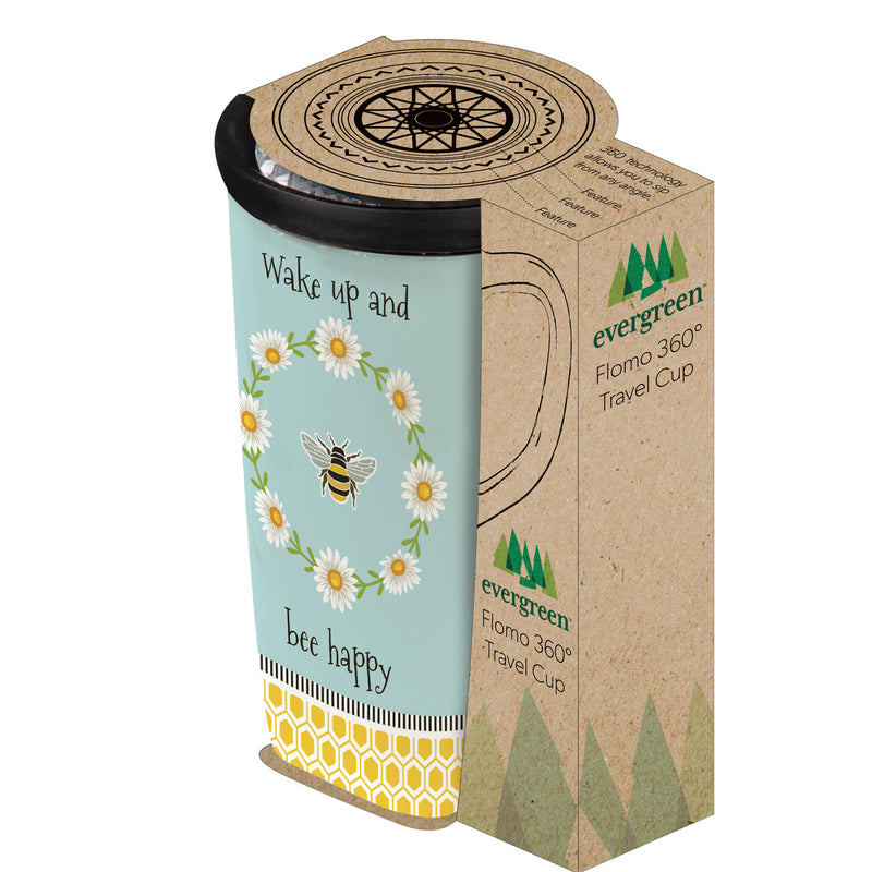 Evergreen Ceramic FLOMO 360 Travel Cup, 17 oz, Wake Up and Bee Happy
