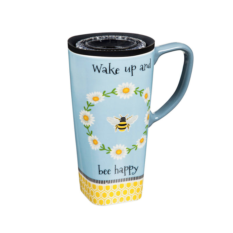Evergreen Ceramic FLOMO 360 Travel Cup, 17 oz, Wake Up and Bee Happy