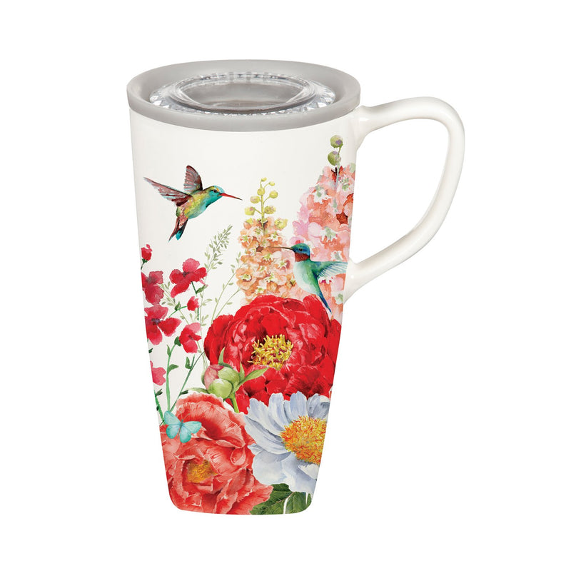 Cypress Home Beautiful Hummingbird and Peonies Ceramic Travel Cup - 5 x 6 x 4 Inches Homegoods and Accessories for Every Space