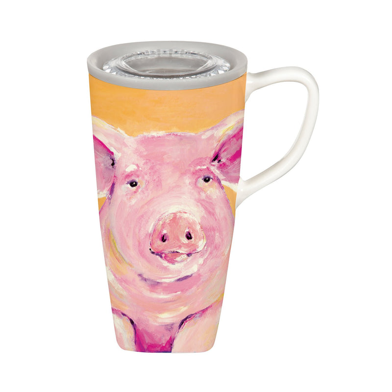 Cypress Home Beautiful Pig Portrait Ceramic Travel Cup - 5 x 6 x 4 Inches Homegoods and Accessories for Every Space