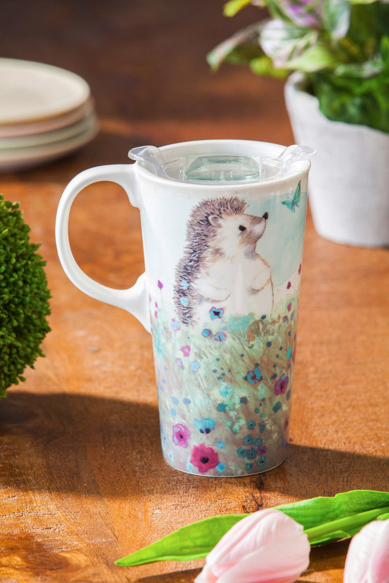 Hedgehog in Meadow Ceramic Travel Cup - 4 x 5 x 7 Inches