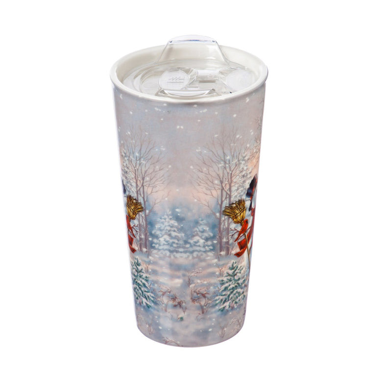 Cypress Home Beautiful Frosty Forest Friends Ceramic Travel Cup with Tritan Lid and Matching Box - 4 x 5 x 7 Inches Indoor/Outdoor home goods For Kitchens, Parties and Homes
