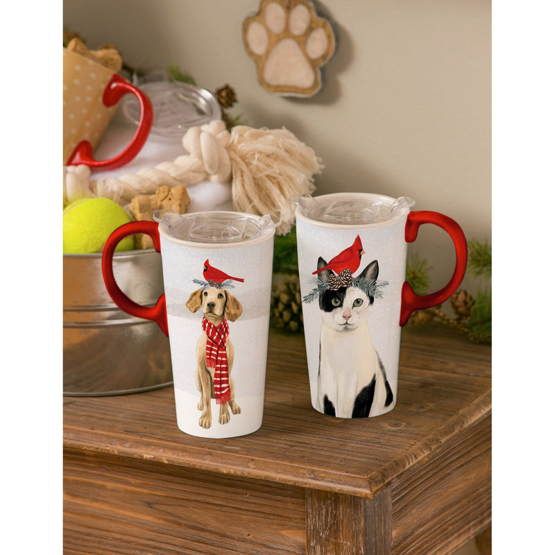 Cypress Home Beautiful Christmas Cat Ceramic Travel Cup with Tritan Lid and Matching Box - 4 x 5 x 7 Inches Indoor/Outdoor home goods For Kitchens, Parties and Homes