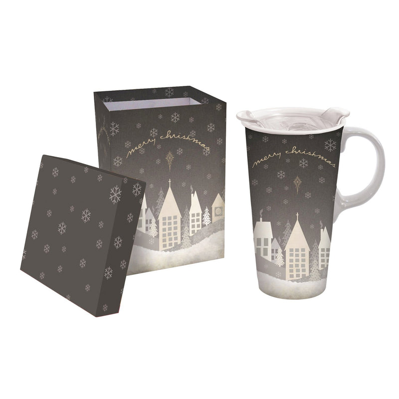Ceramic Travel Cup, 17 OZ. ,w/box and Tritan Lid, Merry Christmas Village,3ctc007316
