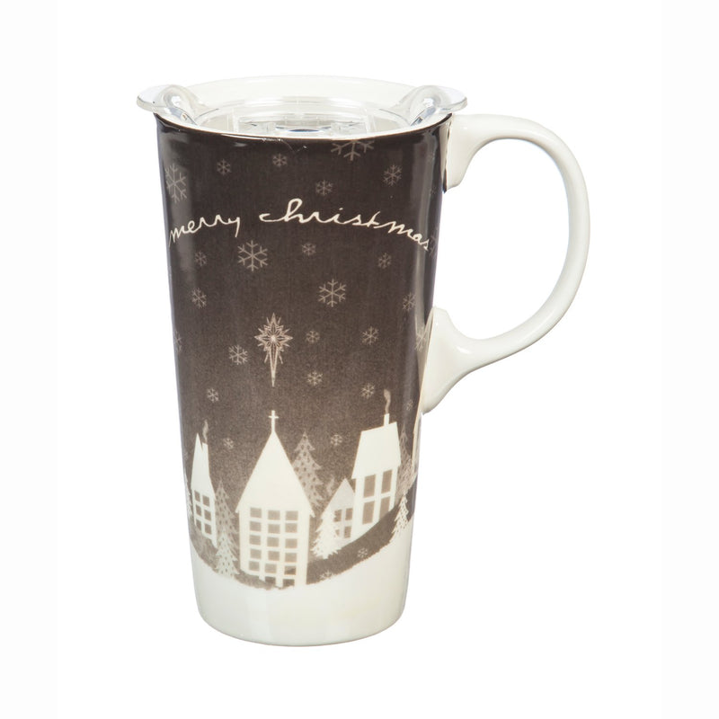 Ceramic Travel Cup, 17 OZ. ,w/box and Tritan Lid, Merry Christmas Village,3ctc007316