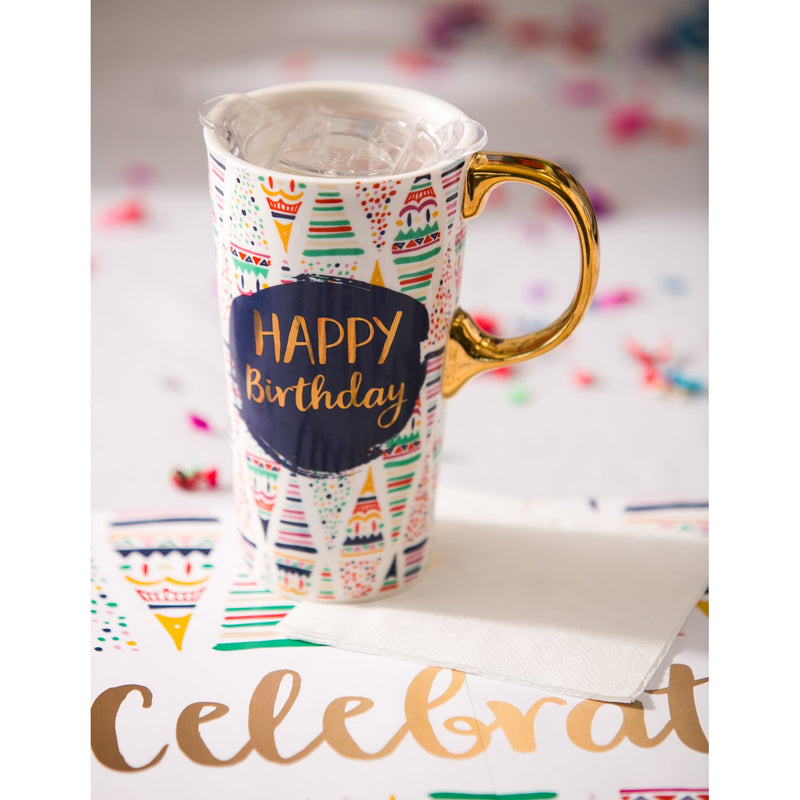 Cypress Home Beautiful Birthday Confetti Ceramic Travel Cup with Lid - 5 x 4 x 7 Inches Homegoods and Accessories for Every Space