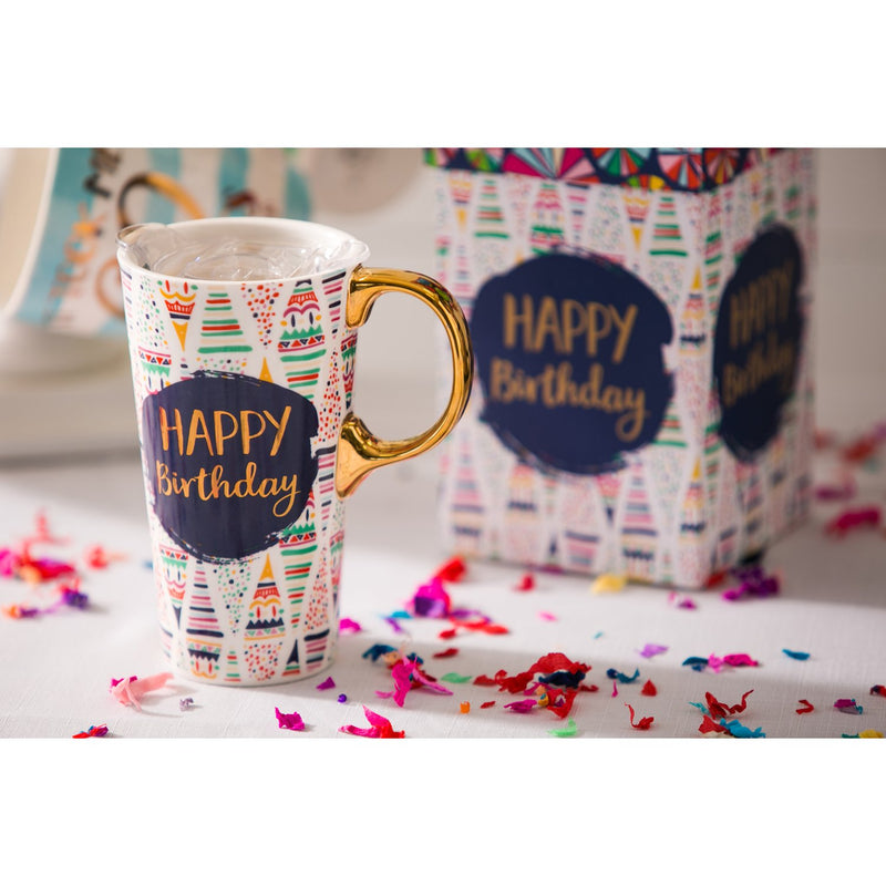 Cypress Home Beautiful Birthday Confetti Ceramic Travel Cup with Lid - 5 x 4 x 7 Inches Homegoods and Accessories for Every Space