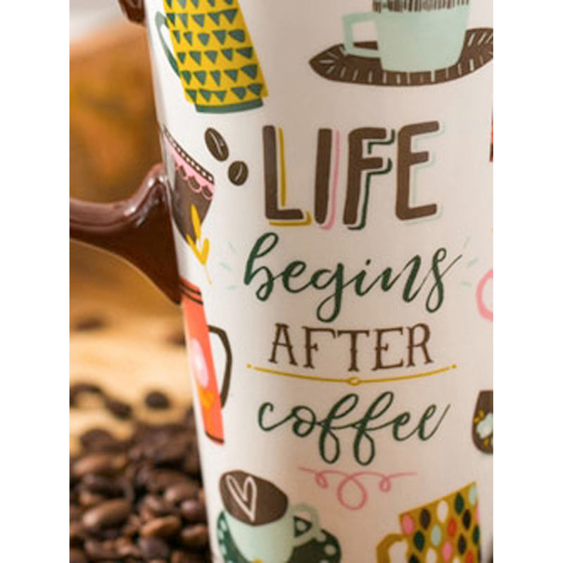 Ceramic Travel Cup, 17 OZ.,w/box and Tritan Lid, Life Begins After Coffee, 3.5"x5.25"x7"inches