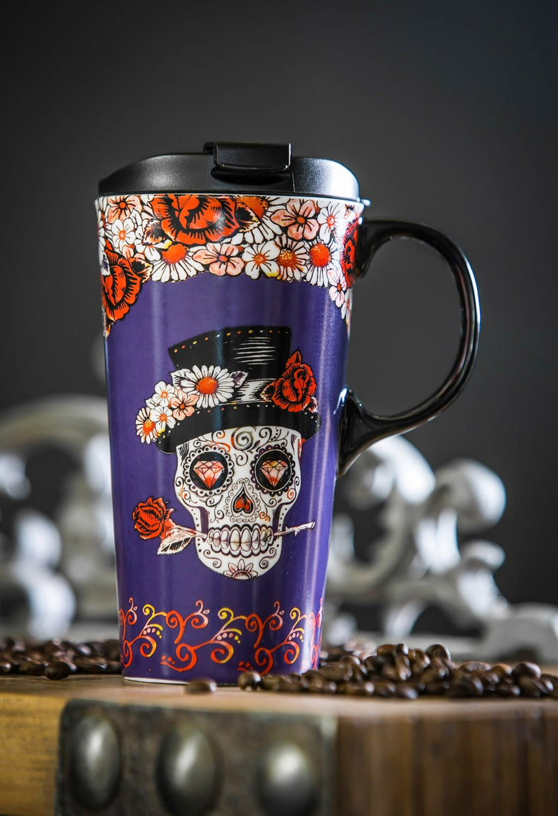 Cypress Home Beautiful Day of the Dead Ceramic Travel Cup - 7 x 5 x 4 Inches Homegoods and Accessories for Every Space