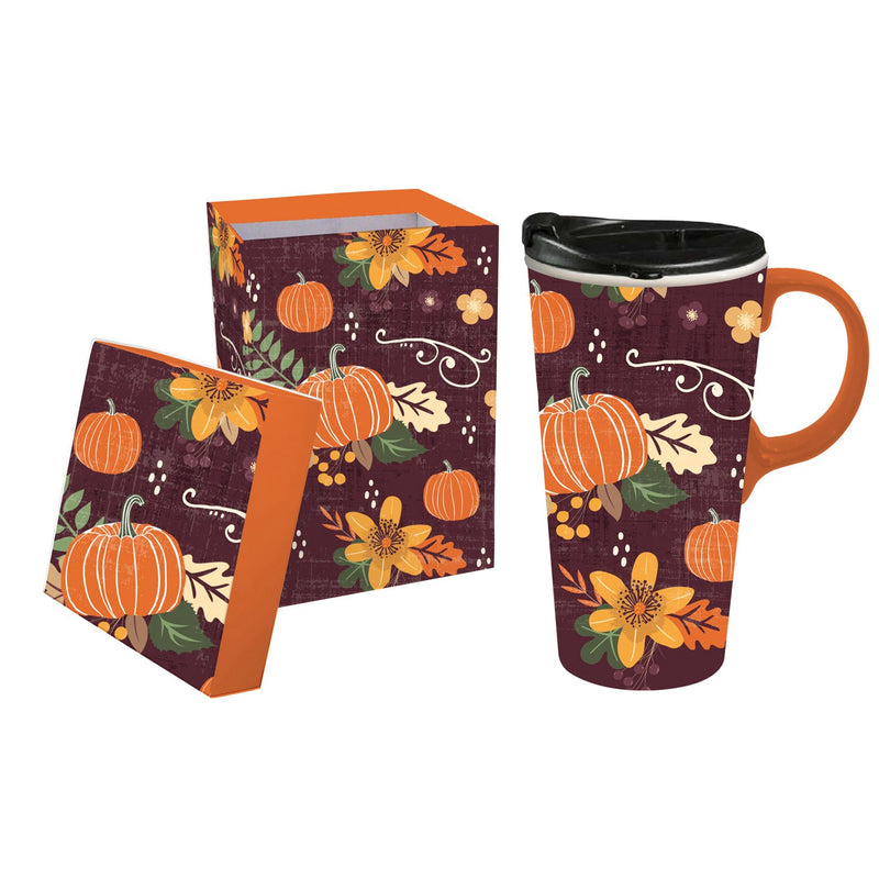 Cypress Home Beautiful Pumpkin Festival Ceramic Travel Cup with Matching Box - 4 x 5 x 7 Inches Indoor/Outdoor home goods For Kitchens, Parties and Homes