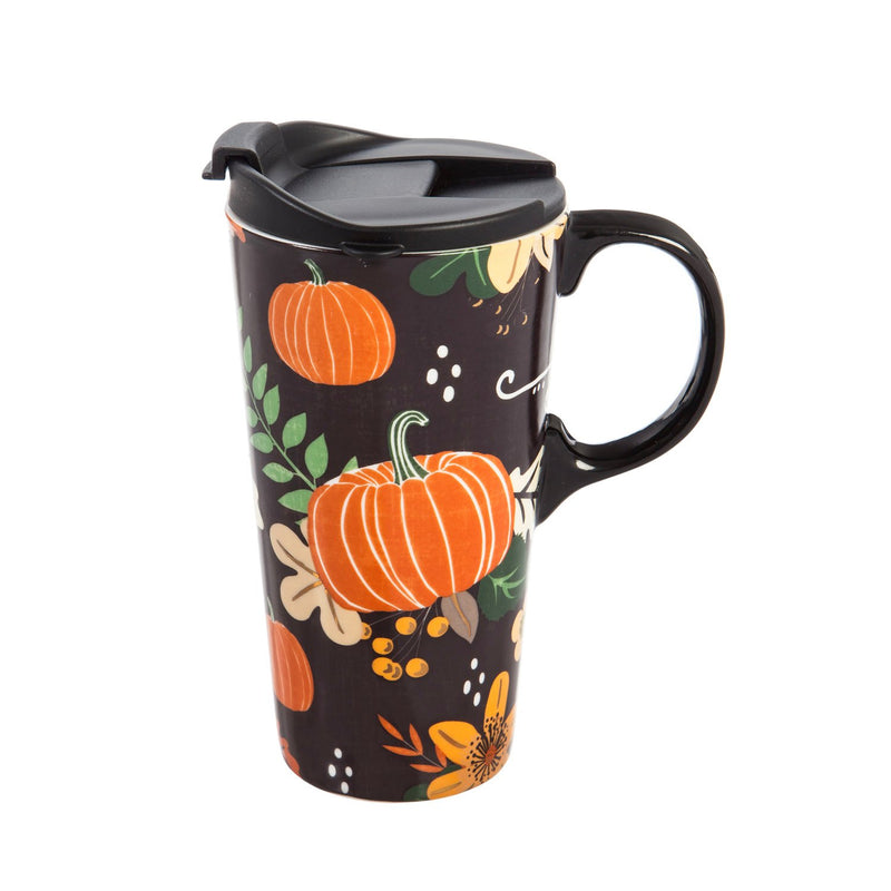 Cypress Home Beautiful Pumpkin Festival Ceramic Travel Cup with Matching Box - 4 x 5 x 7 Inches Indoor/Outdoor home goods For Kitchens, Parties and Homes