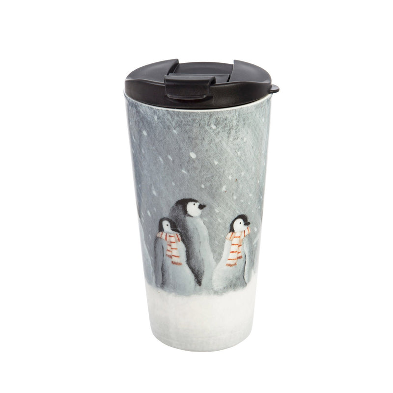 Cypress Home Beautiful Winter Penguins Ceramic Travel Cup with Matching Box - 4 x 5 x 7 Inches Indoor/Outdoor home goods For Kitchens, Parties and Homes