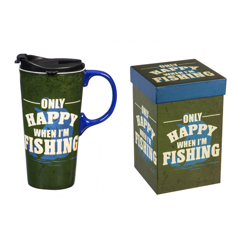 Cypress Home Beautiful Only Happy When I'm Fishing Ceramic Travel Cup with Lid - 5 x 4 x 7 Inches Homegoods and Accessories for Every Space