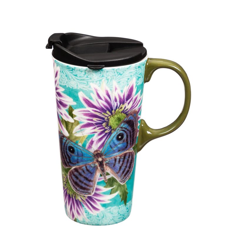 Ceramic Travel Cup, 17 oz., w/box, Butterfly Welcome, 5.25"x3.6"x7"inches