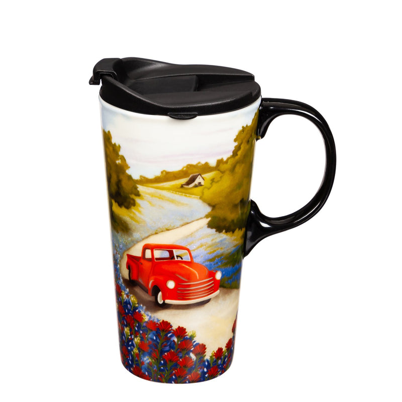 Ceramic Travel Cup, 17 oz., w/box, Blue Bonnet and Red Truck