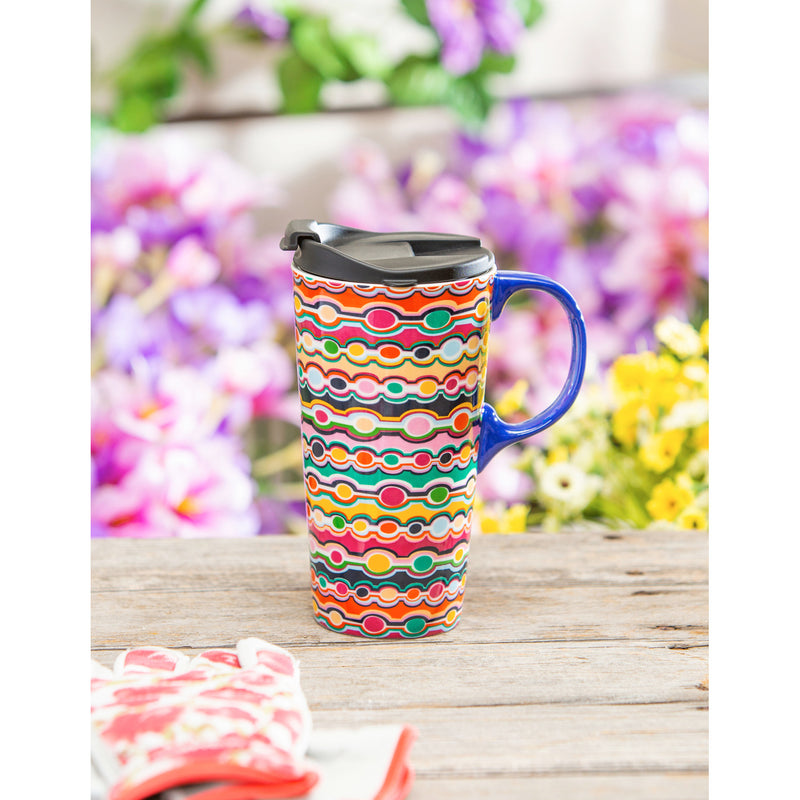 Ceramic Travel Cup, 17 OZ. ,w/box, Tahiti Pattern, 5.24"x3.55"x7"inches