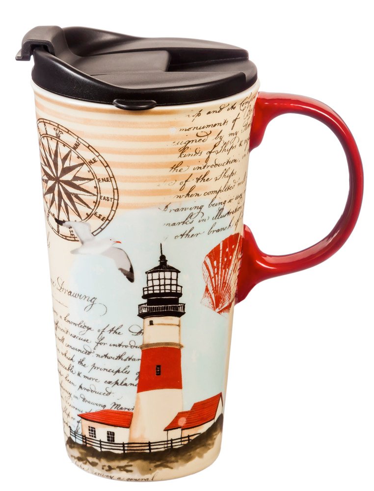 Cypress Home Ceramic Travel Mug with Gift Box, 17 ounces (Northeast Lighthouse)